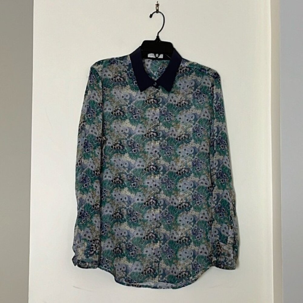 🌸 Equipment Femme Floral Button-Up Blouse | Sheer Long Sleeve | Navy Collar | S